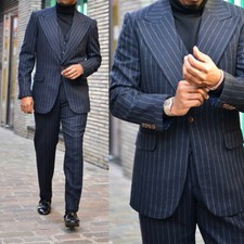 New Men's Business Striped Suits WIde Lapel Single Breasted 3 Pieces Wedding Sui