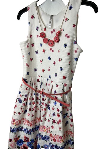 Beautees Girls Floral Skater Dress With Necklace Blue Pink Pleated White Size 14 - Picture 2 of 6