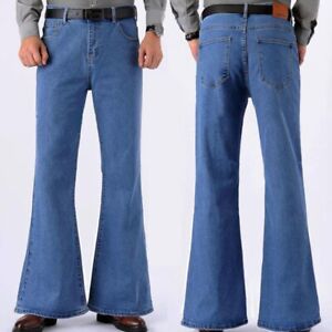 Men Bell Bottom Jeans Flared Denim Pants Retro 60s 70s Trousers Slim Fit Casual