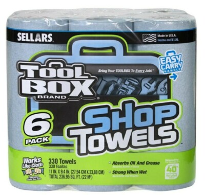 Sellars Tool Box Blue Shop Towels 6 Roll Pack with Easy Carry Handle, 330 Towels