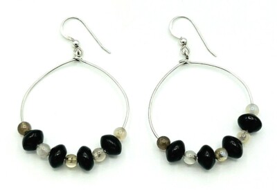 Jay King Sterling Silver Signed DTR 925 Black Agate Moonstone Hoop Earrings