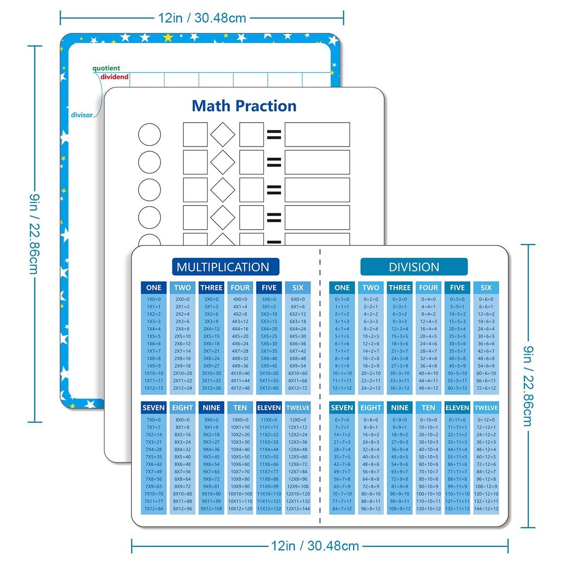 3-Pack Dry Erase Math Boards Set - Multiplication & Division Practice | 9x12 Reusable Whiteboards For Kids Learning