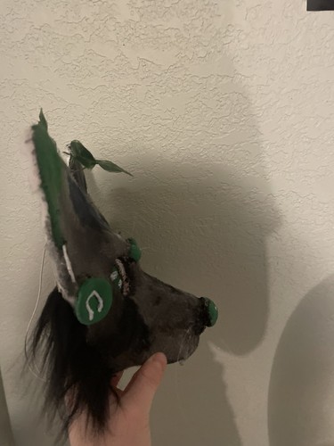 Handmade Black And Green Wolf Cat Mask Lined And Furred - Picture 3 of 5