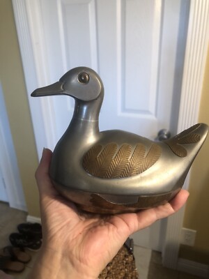 Vintage Duck Bird Pewter & Brass Accents Metal Lidded Trinket Larger Box 7 x 5.6