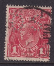 Australia 1916 1920 King George V Single WMK  1d red perf OS perf 14 SGO54 Used