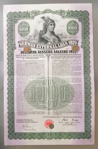 ALEMANIA Dawes bono 1924 alemán externo 7% préstamo Reich alemán, agujero cancelado!
