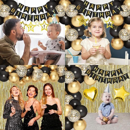 Black Gold Birthday Party Decorations Happy Birthday Banner Women Men Kids - 第 7/7 張圖片