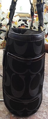 COACH Brown Signature Shimmer Jacquard Studded Tote Shoulder Bag