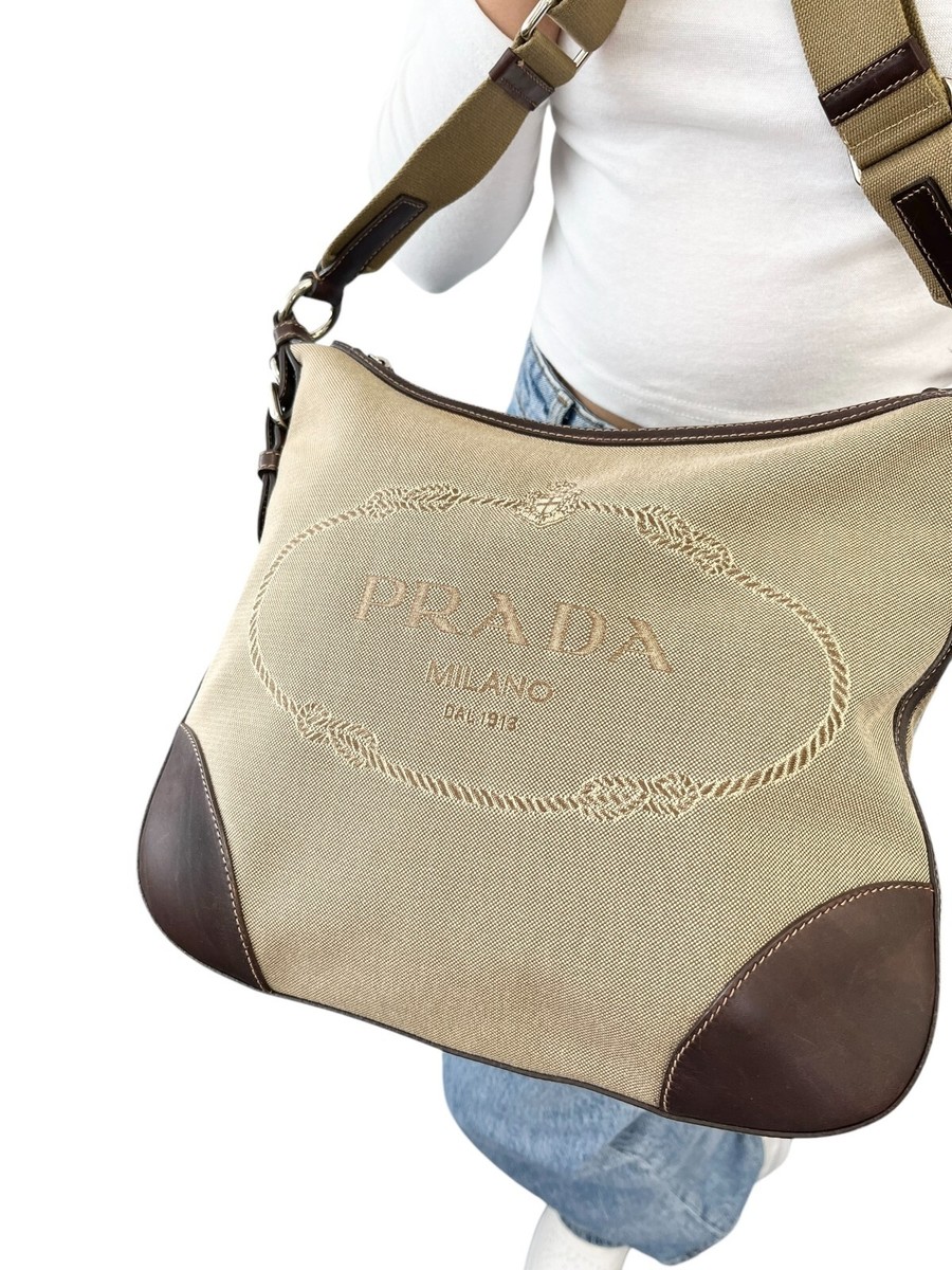 PRADA Vintage Logo Crossbody Shoulder Bag Zip Beige Brown 
