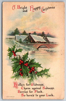 Happy Christmas Winter Scene Bridge Snow Holly Wolf Co 1921 Matawan NJ  Postcard