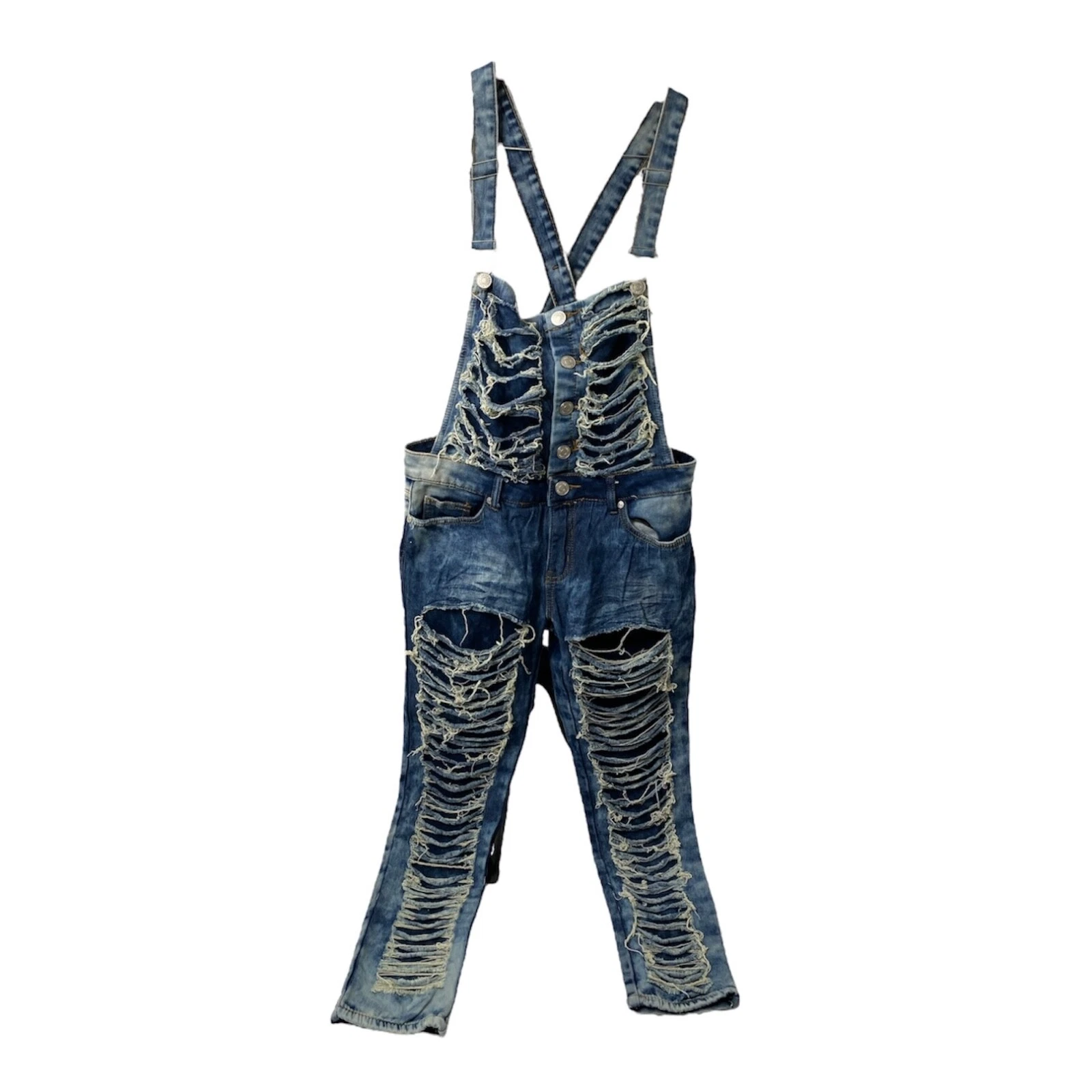 Thrill Juniors 11 X 28 Bib Overalls Blue Ripped Distressed Denim Adjustable