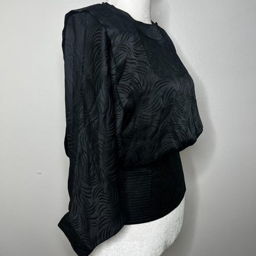 Women's Vintage Silk Blouse Sz 12 Black Shoulder Pads Dolman Retro Disco 70s 80s - Picture 5 of 12