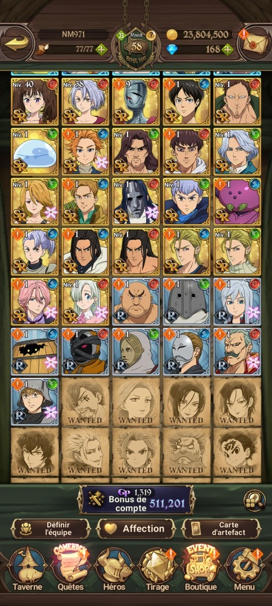 Compte Jeu Seven Deadly Sins Grand Cross - Global - Android/Apple