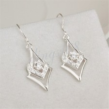 925 Sterling Silver Hypoallergenic Open Rhombus Heart Crystal Hook Earrings R897