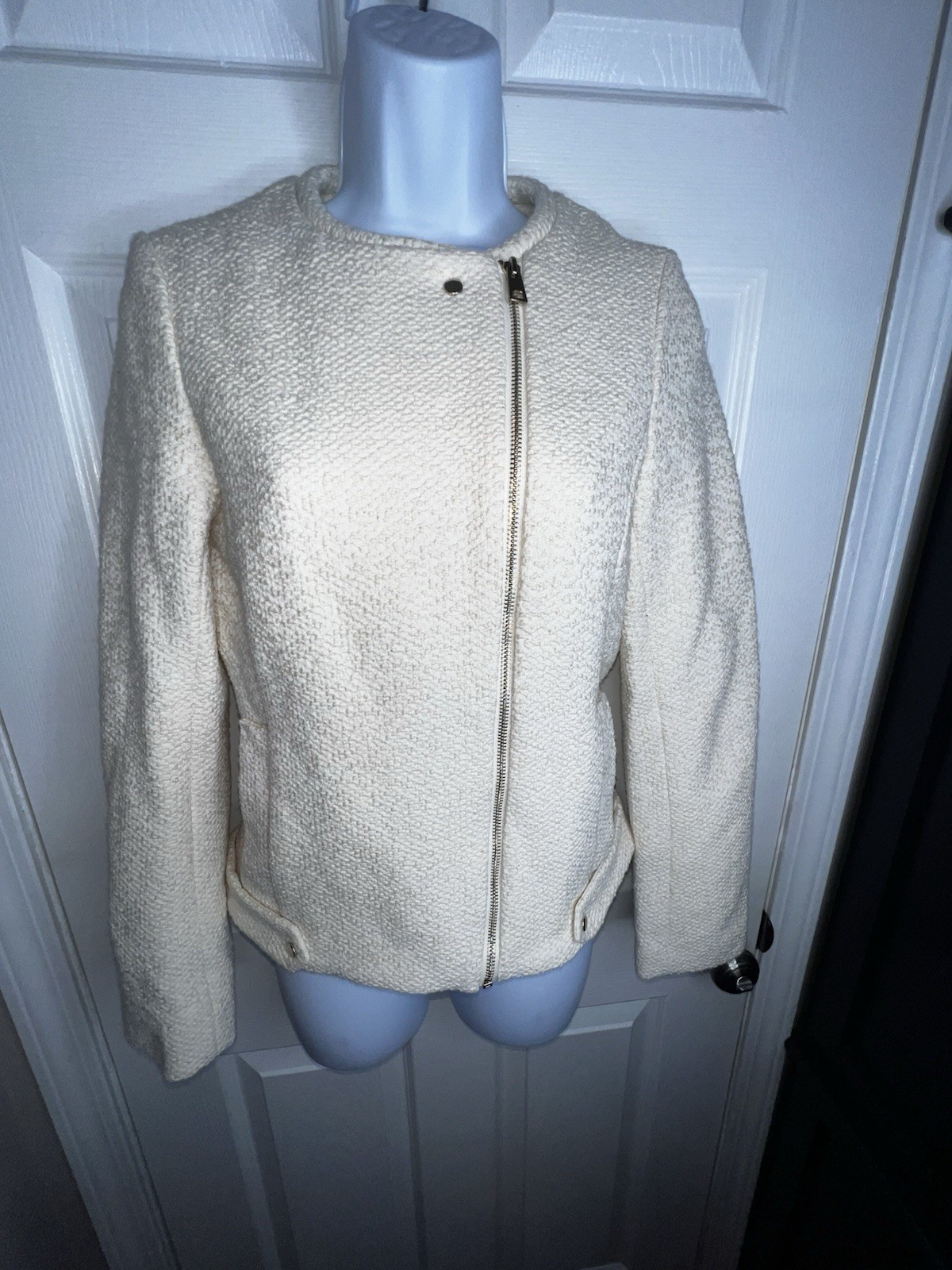 H&M Women’s US 4 Cream Cotton Tweed Zip Moto Biker Jacket Blazer Career EUR 34 thumbnail 13