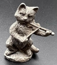 Vintage Pewter Cat Playing Fiddle Violin Figurine Miniature Hey Diddle Diddle