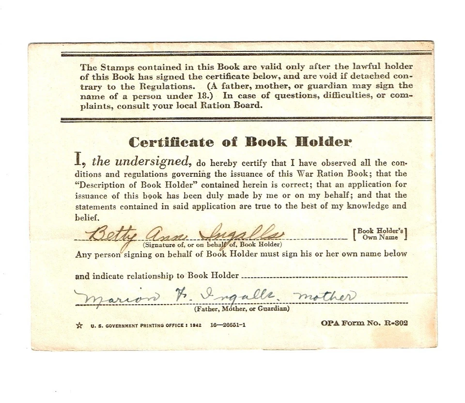 1942 U.S. OPA WAR RATION BOOK #1 w Stamps Saugus, Mass Historic WWII - Image 2 of 3