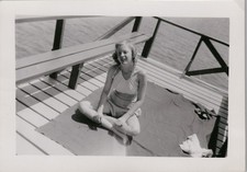 Vtg B W Snapshot Pretty Young Woman Swimsuit Sunbathing Dock Lake 1940s