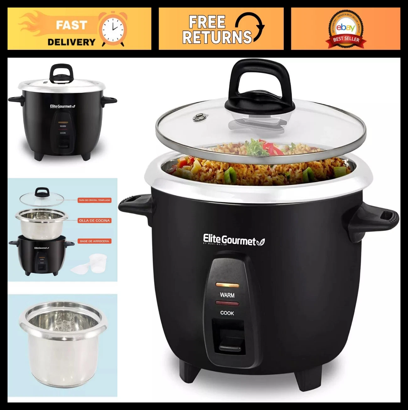Electric Rice Cooker 10 Cups, Stainless Steel Inner Pot, Makes Soups & Stews, Bl
