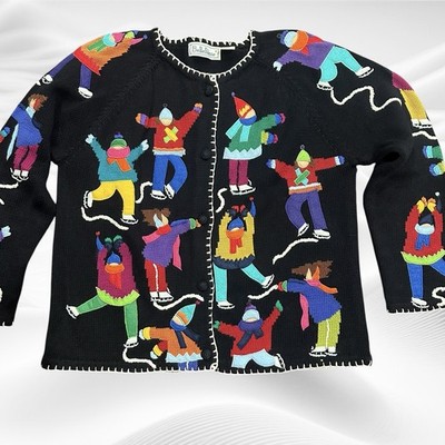 Vintage Belle Pointe Knit Sweater Cardigan Ice Skaters  XLarge Christmas Holiday