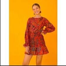 Farm Rio Sunset Tapestry Mini Dress Smocked Ruffled Puff Sleeve Blush Size XL