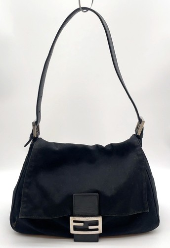 Auth Fendi Mamma Baguette Nylon Leather Black One Shoulder Bag NS051698