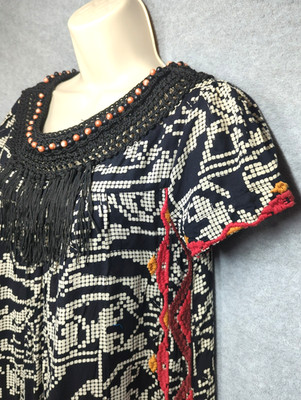 Anthropologie Boho Dress S Floreat Abelia Embroidered Beaded Fringe Aztec Gypsy