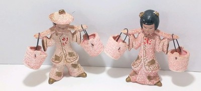 Porcelain Asian Man Woman Figurine Set Vintage Carrying Buckets Japan Pink White