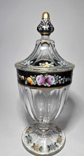 Heisey? Candy Dish Black Enamel Hand Painted Floral Roses Gold Trim Excellent 8"