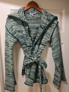 Vintage Women Green & White Gormay Cardigan Sweater w/Tie Double Knit - Sz Med