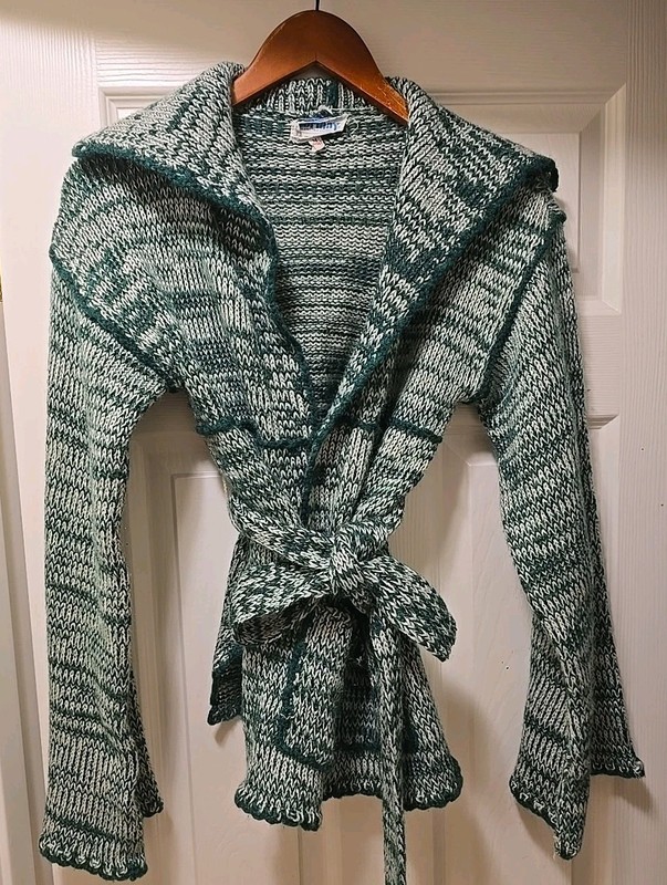 Vintage Women Green & White Gormay Cardigan Sweater w/Tie Double Knit - Sz Med