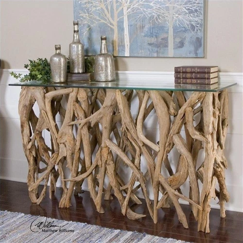 Uttermost Teak Coastal Wood and Glass Console Table in Woodtone - Picture 1 of 5