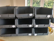 Stackable storage/sorting boxes - grey, heavy duty, solid plastic bins with name