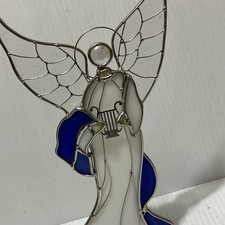 Stained Glass Angel Holding Lyre Candle Holder Blue White Silver Christmas/251h