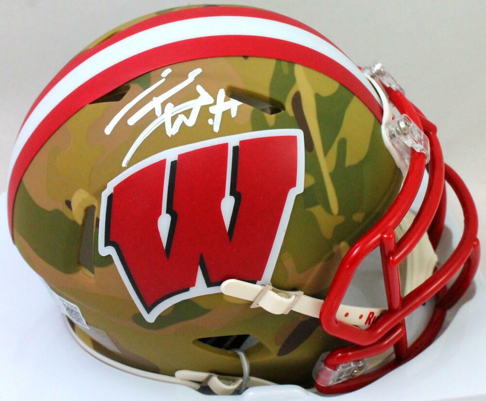 TJ Watt Autographed Signed Wisconsin Badgers T.J. Watt Camo Speed Mini Helmet- Beckett W Holo *White 
