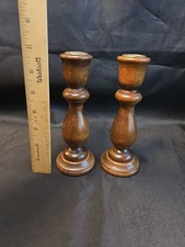 Vintage Pair Turned Wood Candlesticks Taper Holders MCM Brass Rim 7" tall