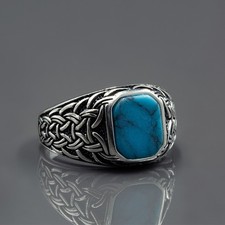 Handmade Natural Turquoise Gemstone 925 Sterling Silver Men's Ring