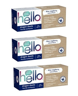 3-Pack Hello Dragon Dazzle Kids Fluoride Toothpaste Blue Raspberry Flavor 4.2 oz