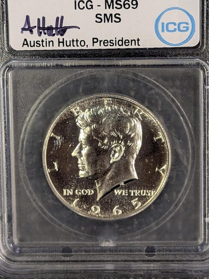 1965 MS 69 SMS 50c Kennedy Half Dollar New ICG Austin Hutto Signed White Label - Image 3 of 4
