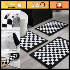 Checkered Bath Rug Set - 3 Pieces Soft Plush, Non-Slip, Machine Washable, Absorb