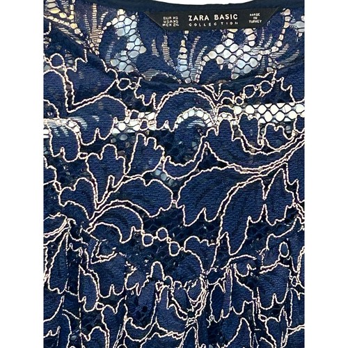 Zara Navy Blue Lace Short Sleeve Blouse Top Shirt Size XS - Foto 4 di 8