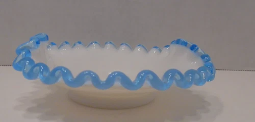 VTG BLUE RUFFLED EDGE  FENTON SILVERCREST MILK GLASS COMPOTE