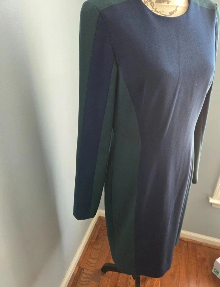 Worth New York Dress Size 10 Blue Green Wool Blend Lined Color Block Long Sleeve - Image 2 of 4