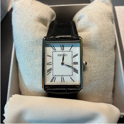 Seiko SWR049P1 Classic Roman Numeral Dial Black Leather Tank Watch