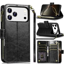 For iPhone 17 PRO Case Luxury PU Leather Phone Wallet w/ Zipper  Tempered Glass