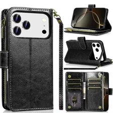 For iPhone 17 PRO Case Luxury PU Leather Phone Wallet w/ Zipper + Tempered Glass