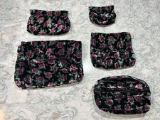 Vintage Victoria  s Secret Floral Velvet Travel Bag 5 Pc Cosmetic Set See Descrip