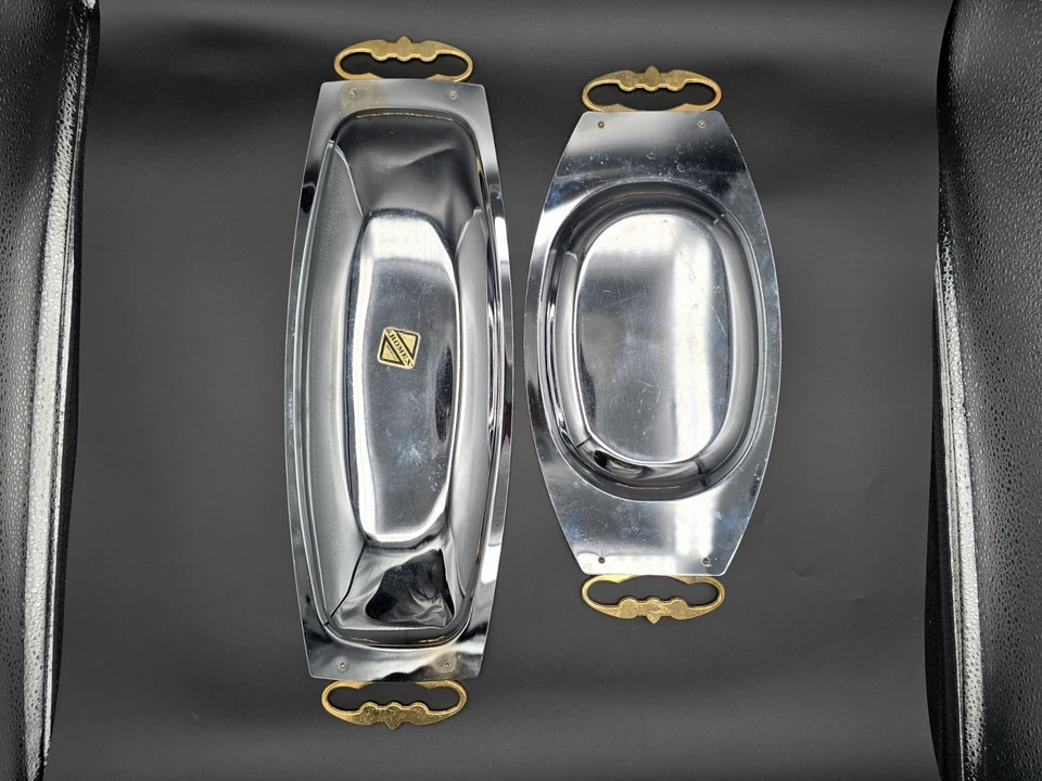 2 lot Vintage Kromex Serving Party Tray Platter Dishes MCM Brass Handles - Image 3 of 4