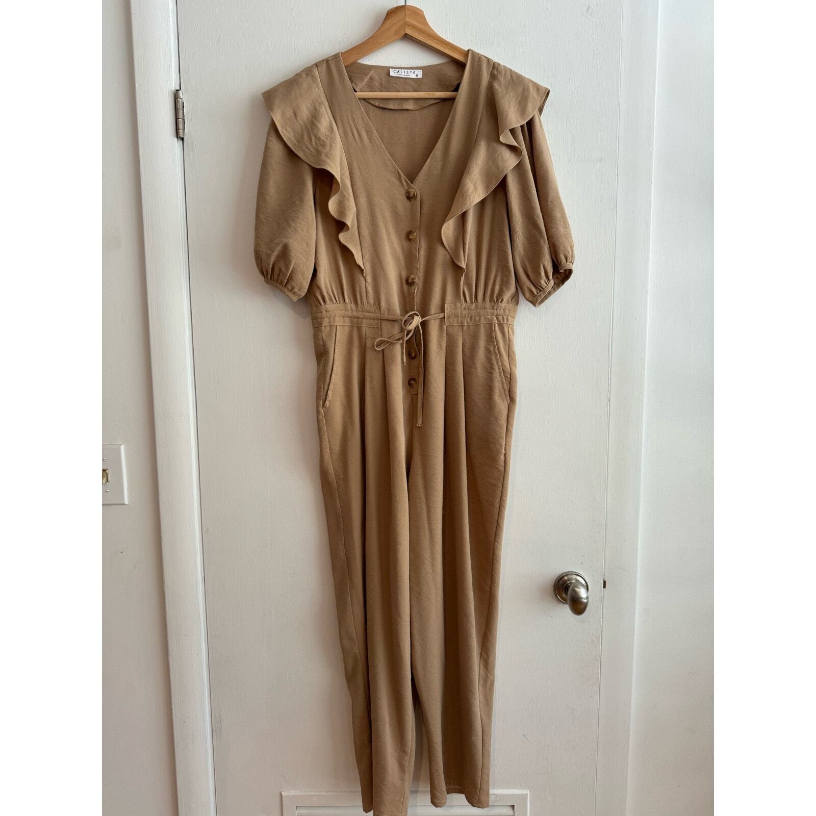 Calista Jumpsuit short sleeve button front tie waist ruffles camel tan M-image