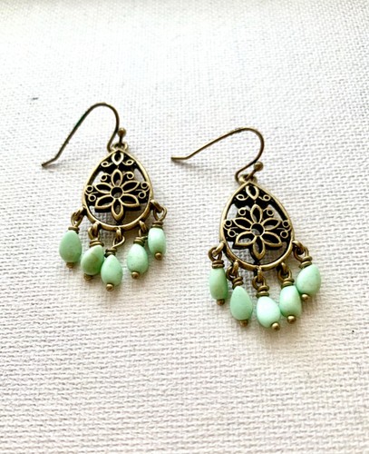 Teardrop Shaped Chandelier Earrings with Flower Filigree and Pale Green Beads